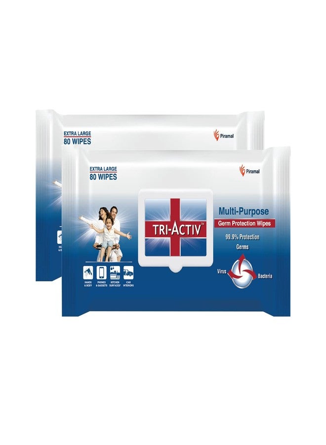 Tri-Activ Disinfecting and Sanitizing Multipurpose Germ Protection Wipes | 33% Extra Large 80 Wipes Lid pack| Pack of 2, White - Image 1
