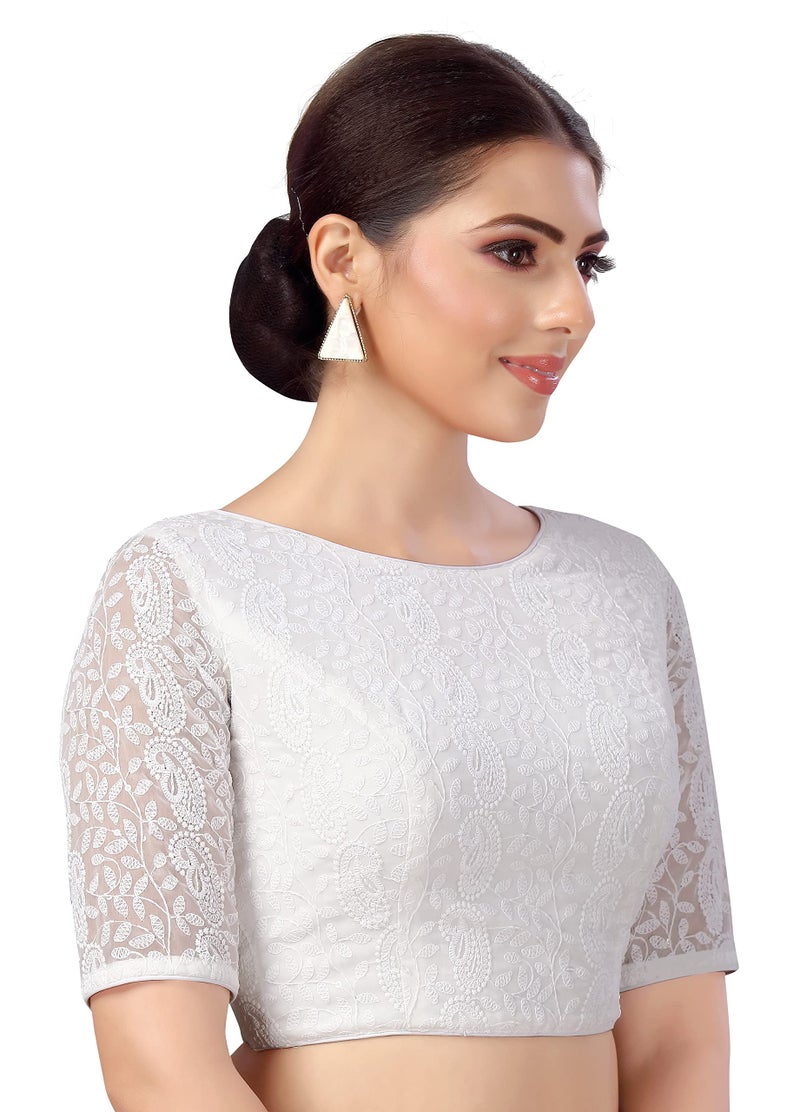 Studio Shringaar Women's Georgette Elbow Length Sleeves Chikankari Saree Blouse (White, 50) - Image 2