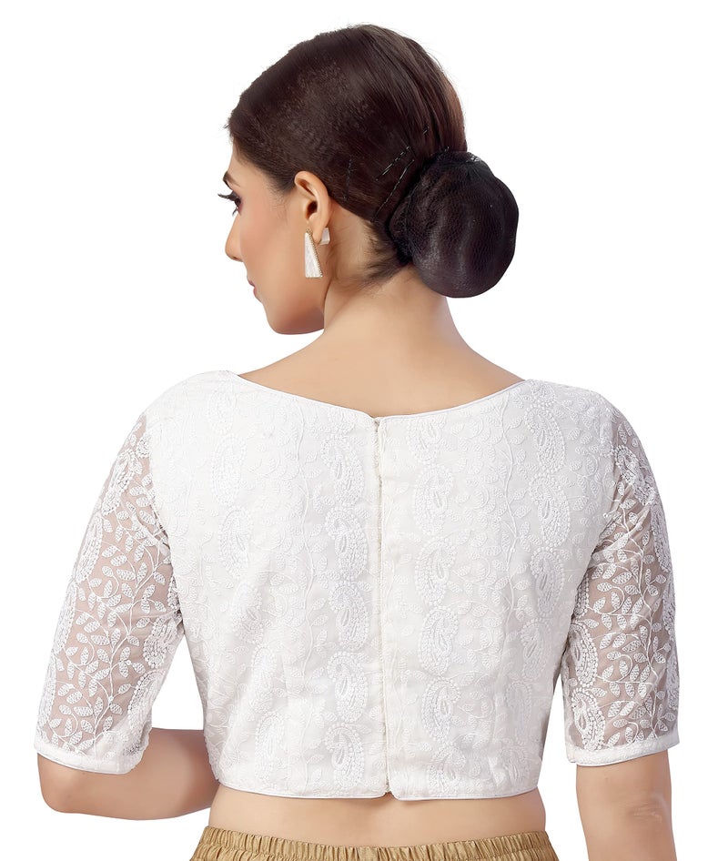Studio Shringaar Women's Georgette Elbow Length Sleeves Chikankari Saree Blouse (White, 50) - Image 4