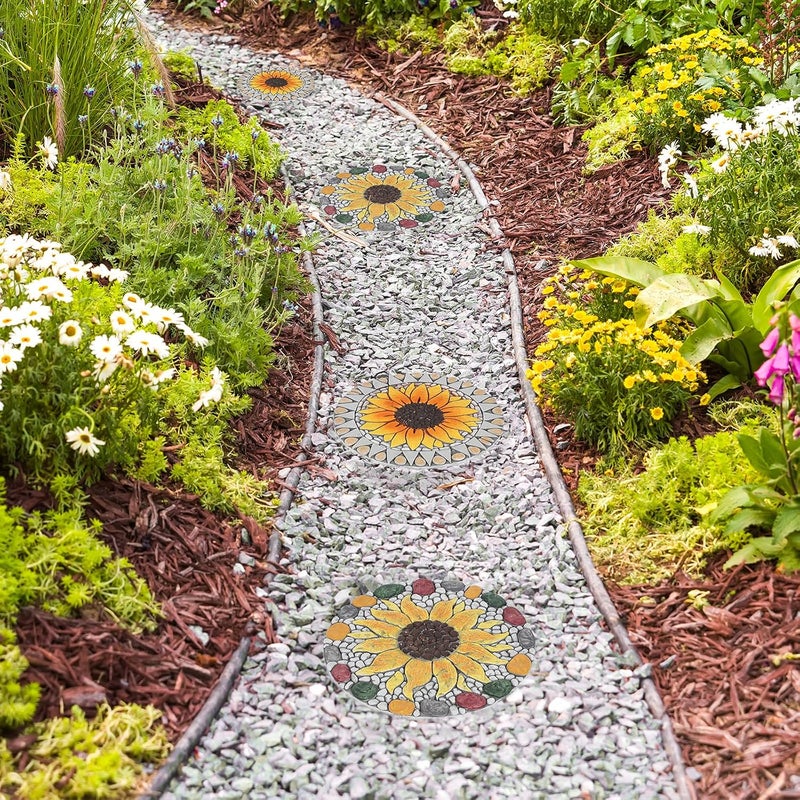 PINPON 3 Pack Gerbera Stepping Stones – 10 Inch Cement Garden Pavers with Colorful Pebble Border, Hand-Painted Outdoor Walkway Stones, Weather-Resistant Decorative Path Stones for Patio & Yard - Image 4