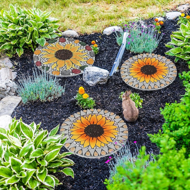 PINPON 3 Pack Gerbera Stepping Stones – 10 Inch Cement Garden Pavers with Colorful Pebble Border, Hand-Painted Outdoor Walkway Stones, Weather-Resistant Decorative Path Stones for Patio & Yard - Image 3