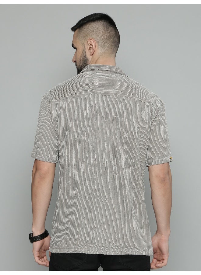 Maniac Mens Crochet Solid Collared Neck 3/4th Sleeve Grey Cotton Shirt  - Image 4