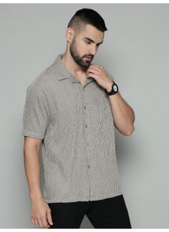 Maniac Mens Crochet Solid Collared Neck 3/4th Sleeve Grey Cotton Shirt  - Image 3