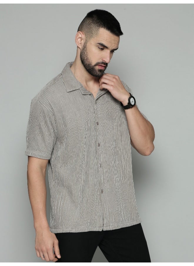 Maniac Mens Crochet Solid Collared Neck 3/4th Sleeve Grey Cotton Shirt  - Image 3
