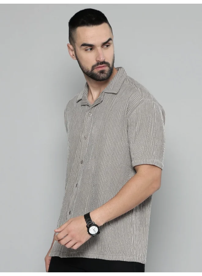 مانياك Mens Crochet Solid Collared Neck 3/4th Sleeve Grey Cotton Shirt