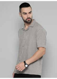 Maniac Mens Crochet Solid Collared Neck 3/4th Sleeve Grey Cotton Shirt  - Image 2