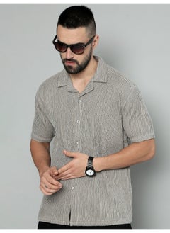 Maniac Mens Crochet Solid Collared Neck 3/4th Sleeve Grey Cotton Shirt  - Image 1