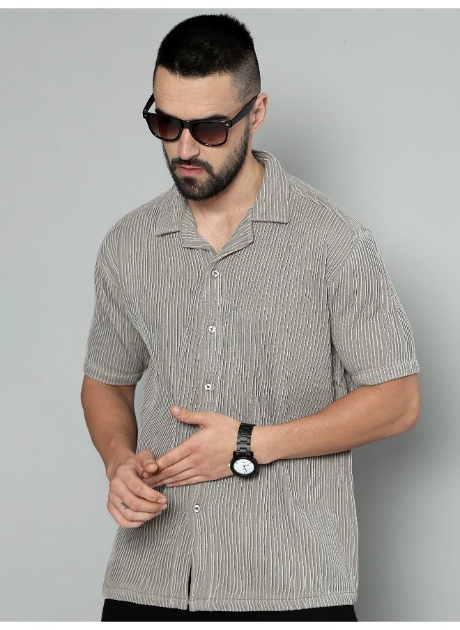 Maniac Mens Crochet Solid Collared Neck 3/4th Sleeve Grey Cotton Shirt  - Image 1