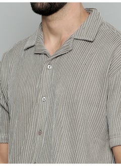 Maniac Mens Crochet Solid Collared Neck 3/4th Sleeve Grey Cotton Shirt  - Image 5