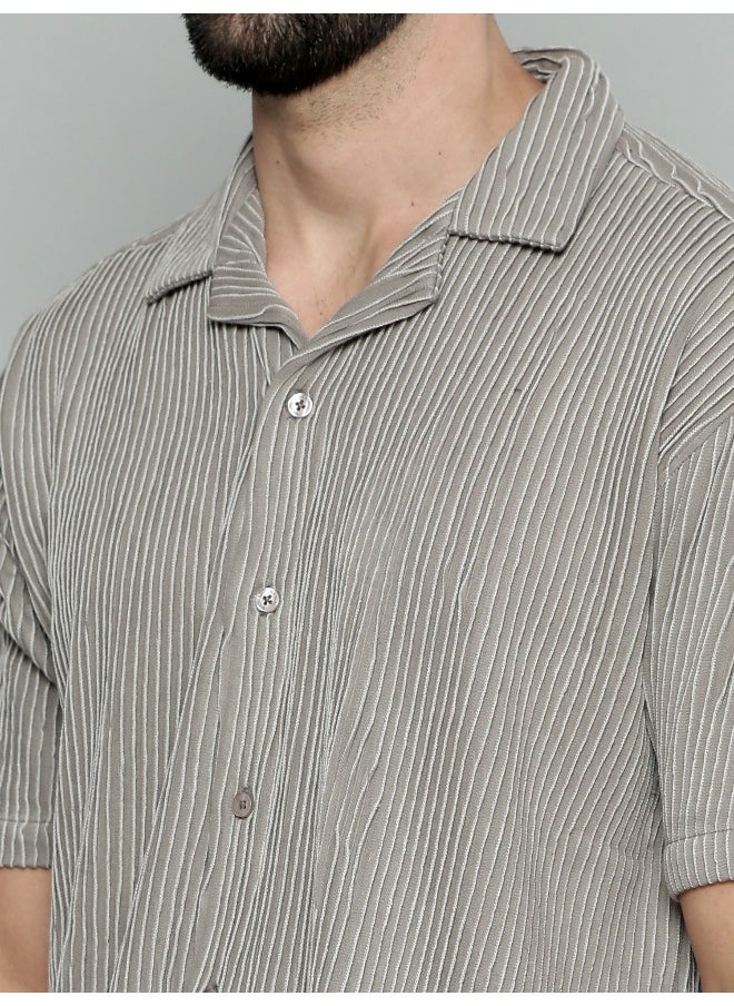 Maniac Mens Crochet Solid Collared Neck 3/4th Sleeve Grey Cotton Shirt  - Image 5