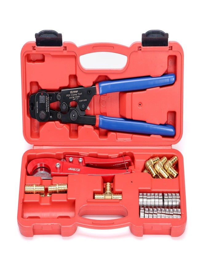 iCRIMP Ratchet PEX Cinch Tool with Removing function for 3/8 to 1-inch Stainless Steel Clamps with 20PCS 1/2-inch PEX Clamps and 12pcs 1/2-inch Pex Fittings - Image 1