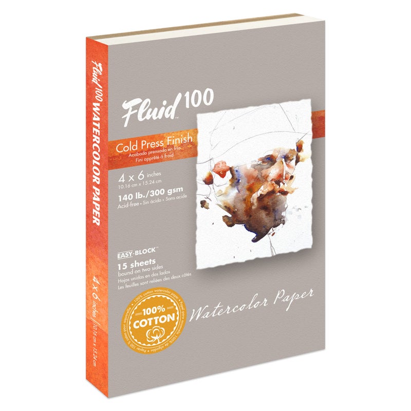 Fluid 100 Watercolor Paper Block 4 x 6 inches 15 Sheets 140 lb 300 GSM 100 Cotton Cold Press Pad for Artist Painting and Wet Media