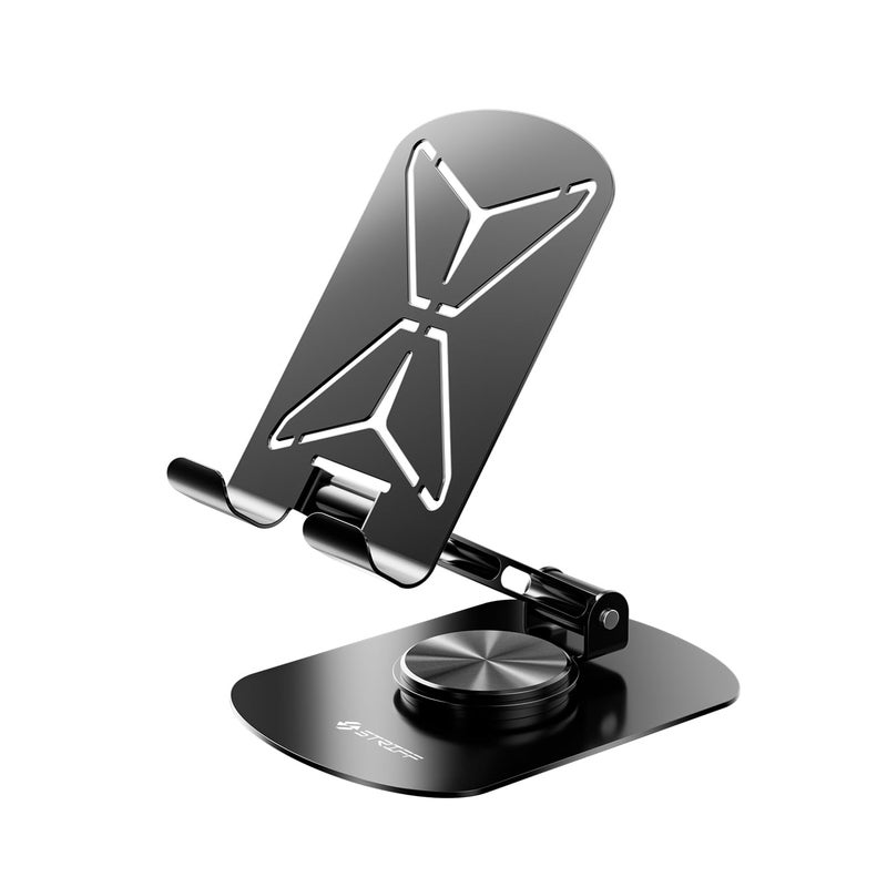 Striff حامل هاتف معدني دوار 360° mobSpin، حامل موبايل قابل للطي مع ارتفاع وزاوية قابلة للتعديل، قاعدة دائرية مستقرة، مناسب للحالات السميكة، للهواتف الذكية، والأجهزة اللوحية، وكيندل وآيباد - أسود - Image 1