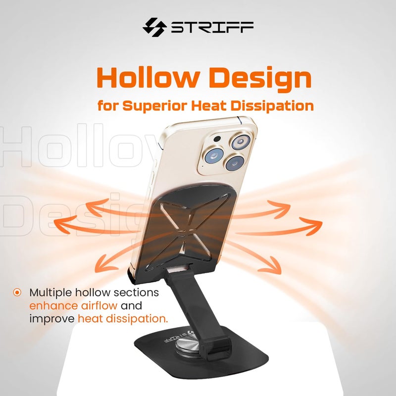 Striff حامل هاتف معدني دوار 360° mobSpin، حامل موبايل قابل للطي مع ارتفاع وزاوية قابلة للتعديل، قاعدة دائرية مستقرة، مناسب للحالات السميكة، للهواتف الذكية، والأجهزة اللوحية، وكيندل وآيباد - أسود - Image 5