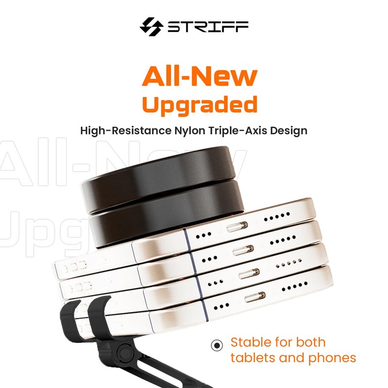 Striff حامل هاتف معدني دوار 360° mobSpin، حامل موبايل قابل للطي مع ارتفاع وزاوية قابلة للتعديل، قاعدة دائرية مستقرة، مناسب للحالات السميكة، للهواتف الذكية، والأجهزة اللوحية، وكيندل وآيباد - أسود - Image 3