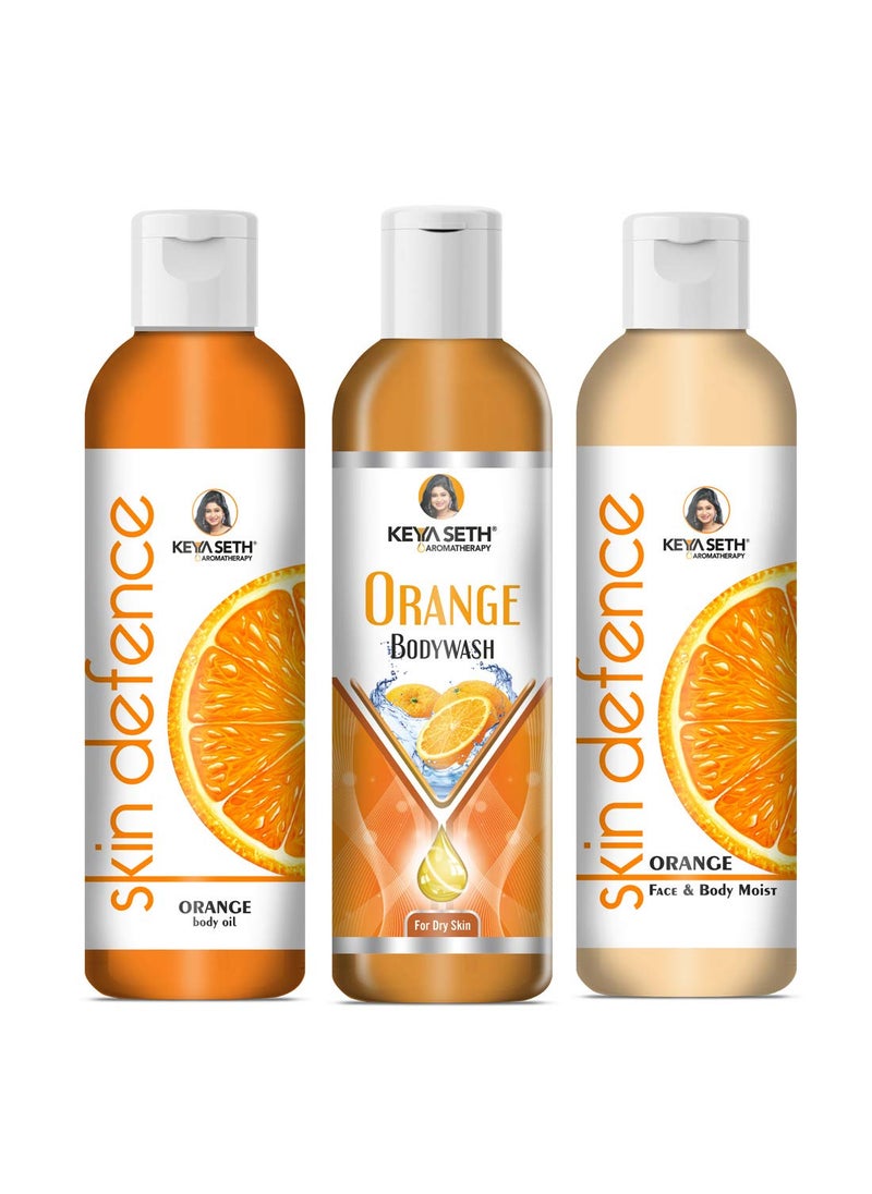 KEYA SETH AROMATHERAPY, DEVICE OF DROP Keya Seth Aromatherapy Complete Body Care Combo Enriched with Vitamin C Orange Body wash 200ml Skin Defence Orange Body oil 200ml Orange Face Body Moisturizer 200ml  - Image 1