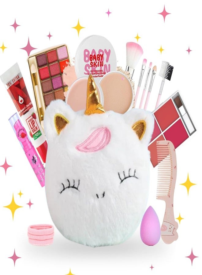 Linivya Kids Real Makeup Kit for Girls & Teens with Unicorn White Bag - Non-Toxic, Safe, Washable - Birthday Gift for 6 7 8 9 10 12 13 14 15 16 17 Years Old (Pack of 18) - Image 1