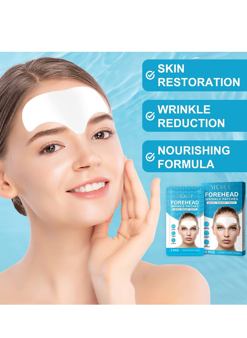 Yecuce - 12 Pcs Forehead Wrinkle Patches Forehead Wrinkle Patch with Aloe Vera Collagen Hyaluronic Acid & Vitamin E Smooth Fine Lines & Wrinkles Anti-Wrinkle Forehead Wrinkles Treatment Patch - Image 1