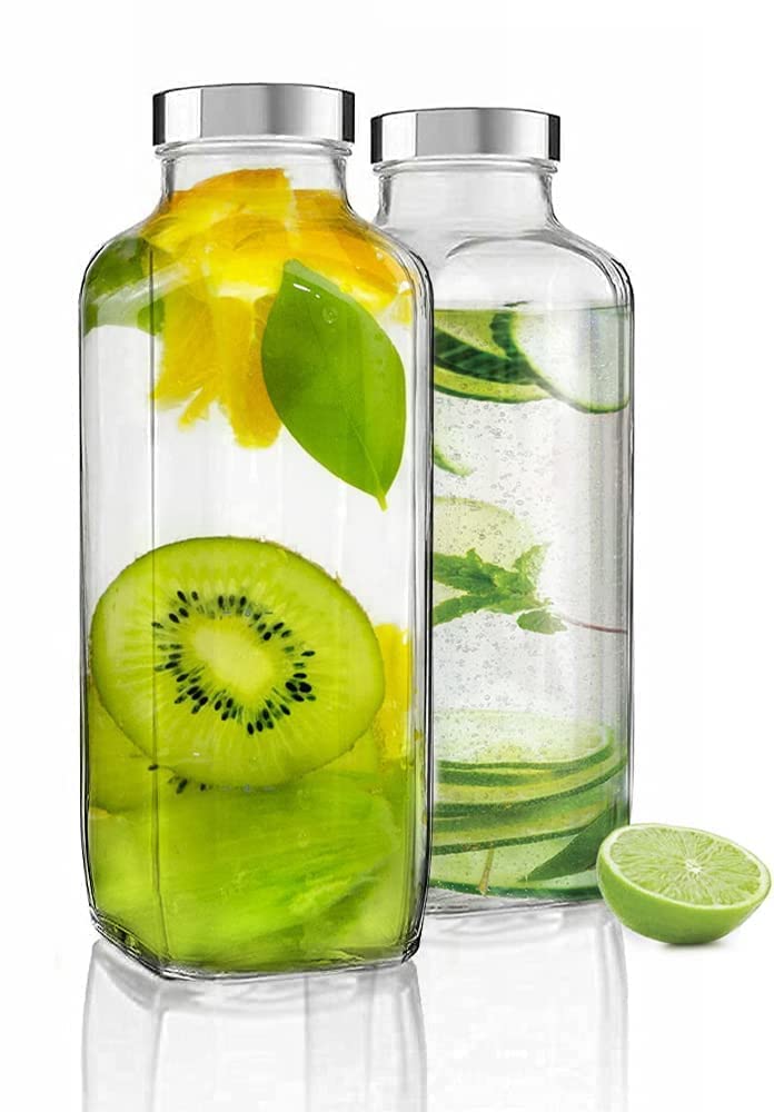 BLISSBORN 1000ml Glass French Square Bottle Jar with Stainless Steel Lid Perfect for Home Travel Juicing Water Smoothie Reusable Travel Glass Drinking Fridge Bottles 1000ml Set Of 2 - Image 1