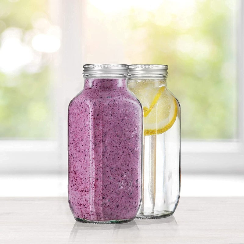BLISSBORN 1000ml Glass French Square Bottle Jar with Stainless Steel Lid Perfect for Home Travel Juicing Water Smoothie Reusable Travel Glass Drinking Fridge Bottles 1000ml Set Of 2 - Image 2
