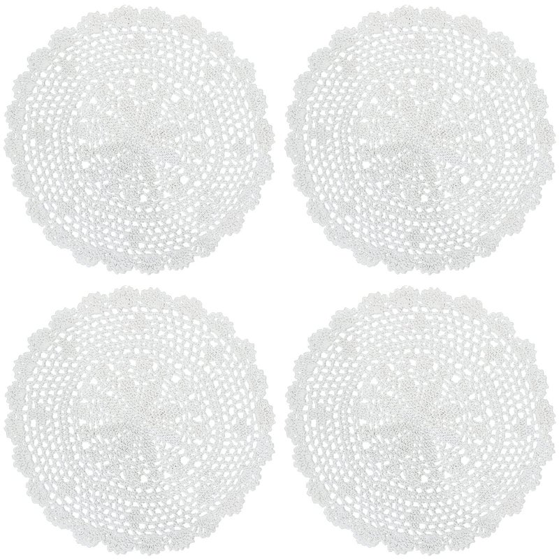 PHANTOMON Crochet Doilies Handmade Round Cotton Lace Table Placemats Knitted Tablecloth Star Pattern Rippled Edge Pack of 4 12 Inch White