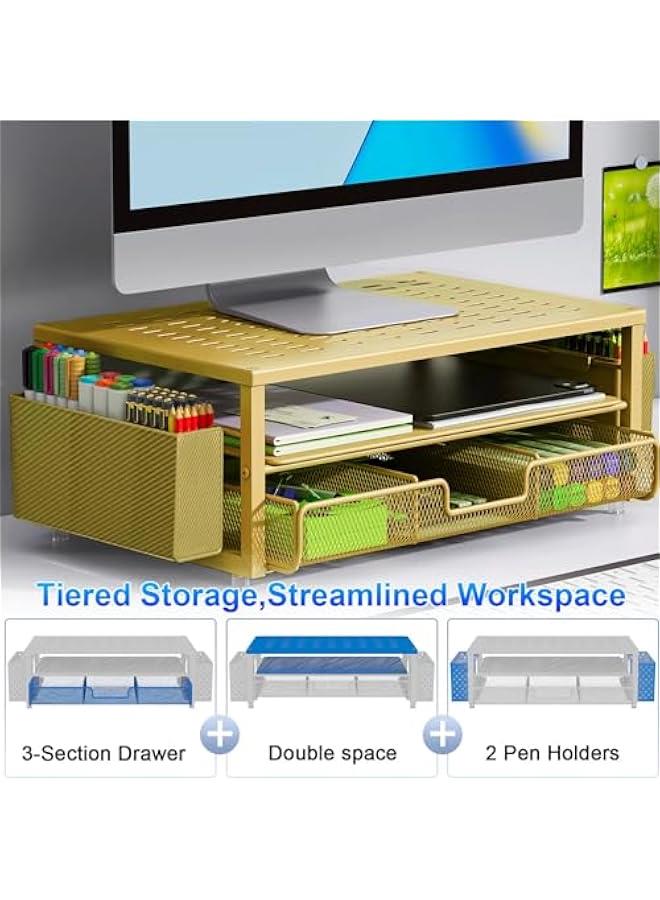 Arabest Desk Organizers and Accessories, Monitor Stand with Drawer and 2 Pen Holder, Desktop Organizer Suitable for Offices and Dormitories (Gold)  - Image 2