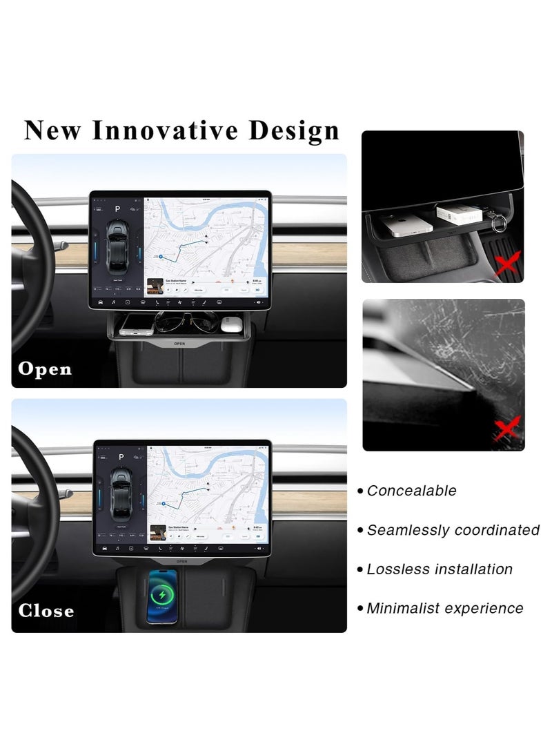 SYOSI Hideable Under Screen Storage for Tesla Model Y Model 3, 2016-2024 Center Console Organizer Tray Sunglasses Holder with Black Anti-Slip Pad Open and Close Function Designed - Image 2