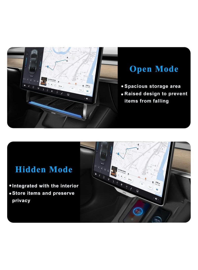SYOSI Hideable Under Screen Storage for Tesla Model Y Model 3, 2016-2024 Center Console Organizer Tray Sunglasses Holder with Black Anti-Slip Pad Open and Close Function Designed - Image 4