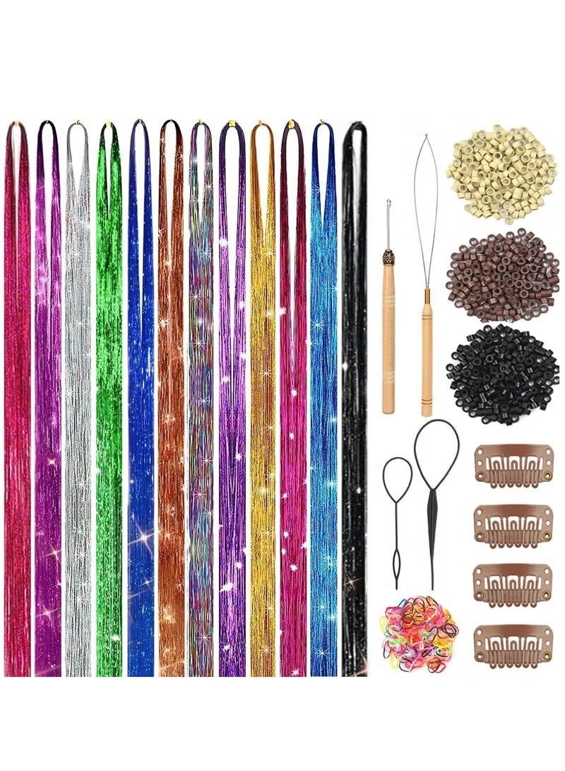 Hair Tinsel Kit, 48 Inch, 12 Colors, Fairy Tinsel Hair Extensions with Tools, Glitter Hair Tinsel Heat Resistant Accessories for Girls Women Kids New Year Cosplay - Image 1