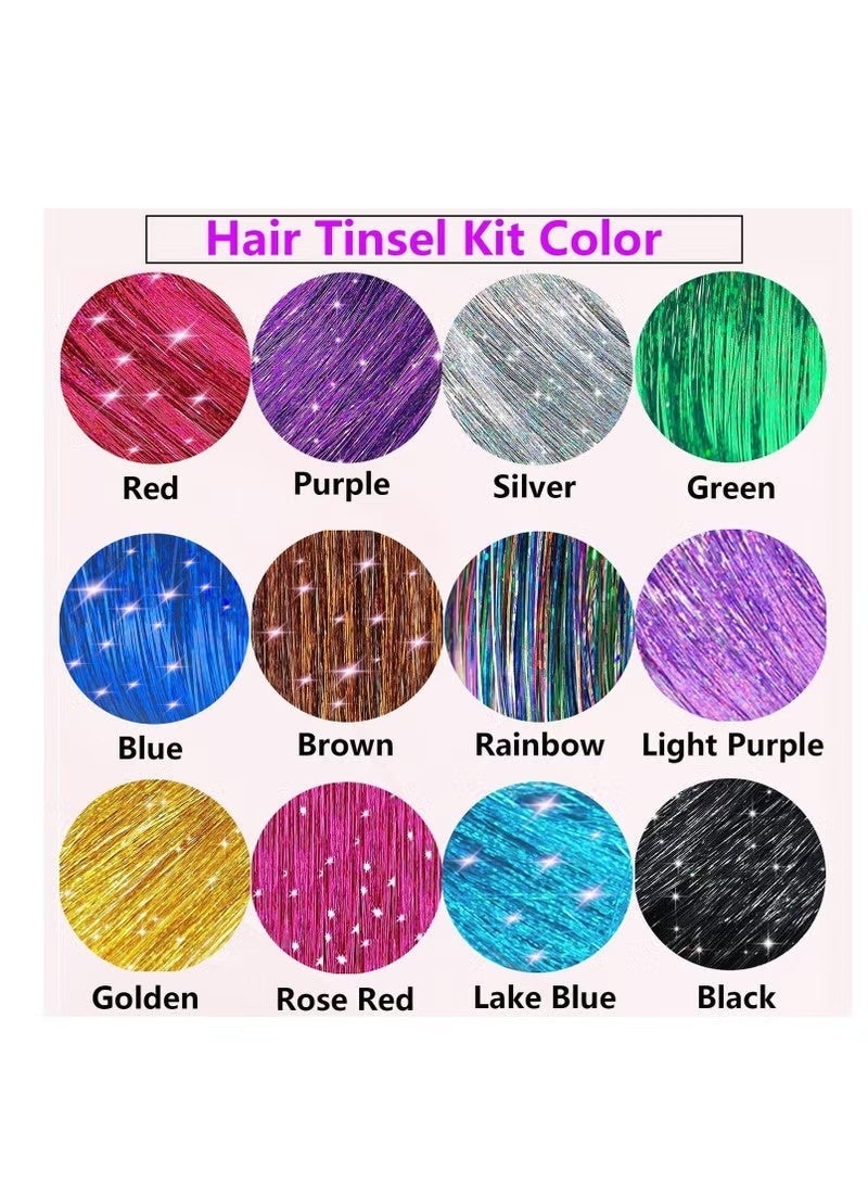 Hair Tinsel Kit, 48 Inch, 12 Colors, Fairy Tinsel Hair Extensions with Tools, Glitter Hair Tinsel Heat Resistant Accessories for Girls Women Kids New Year Cosplay - Image 2