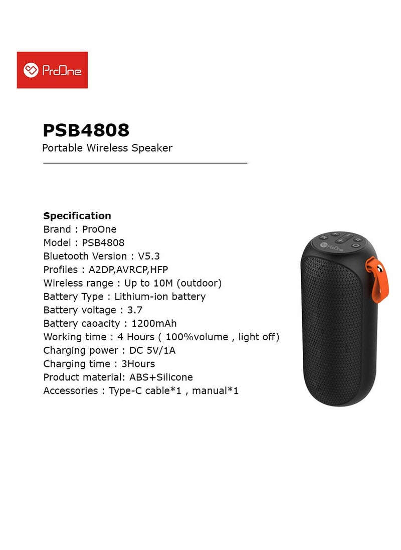 ProOne PSB4808 Portable Wireless Bluetooth Speaker – Bluetooth 5.3, Hands-Free Calling, TF Card, IPX4 Waterproof, AUX/3.5mm Input, TWS, 1200mAh Battery