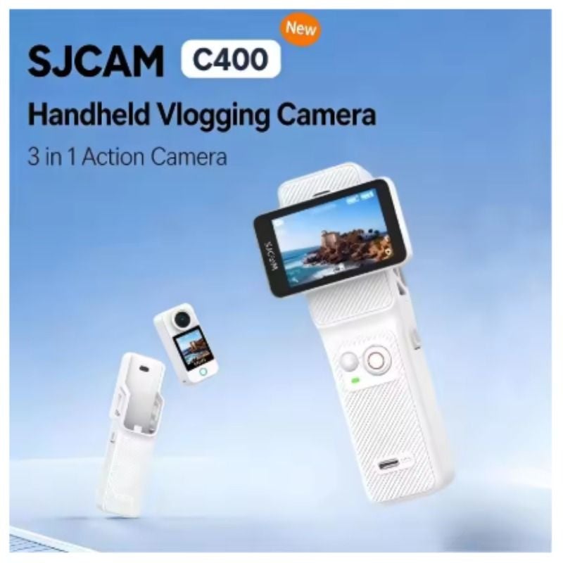 Sjcam C400 with Handheld Action Camera, Pocket + Handheld 7H Power Riding Set 4K, Stabilized Night Vision Vlog Live Streaming, White - Image 1