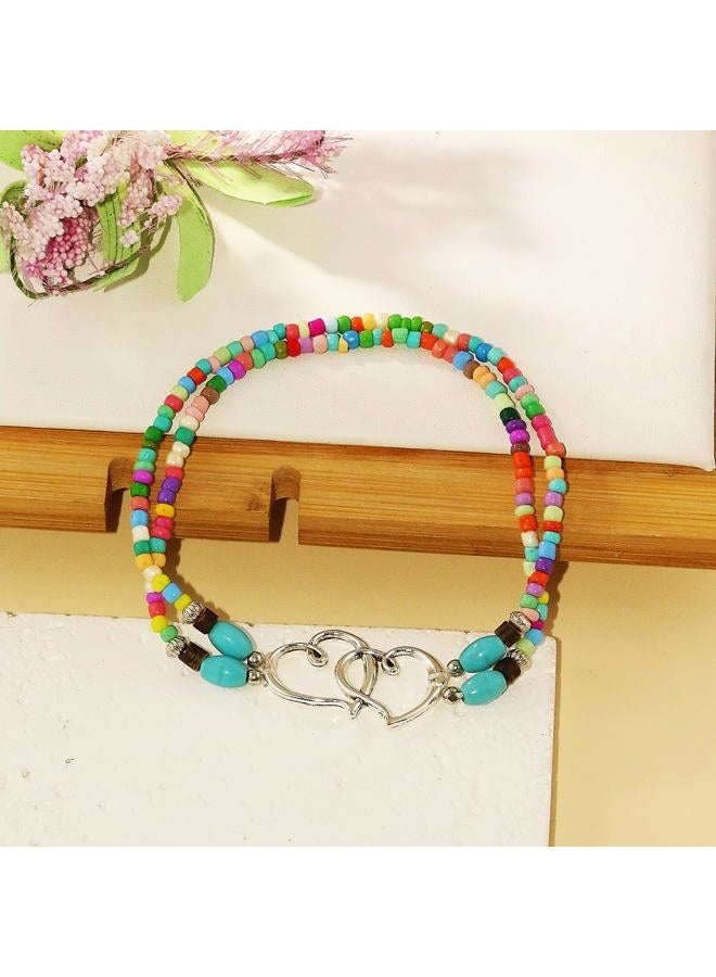ANGLEQUEEN Elastic Beaded Ankle Bracelets for Women Double Heart Layered Stretch Ankle Bracelets Waterproof Dainty Boho Beaded Anklets for Summer Beach Foot Jewelry Gifts (Colorful Silver) - Image 5
