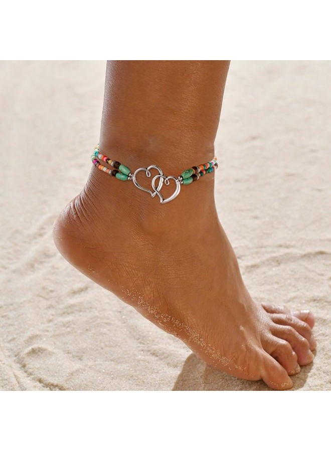 ANGLEQUEEN Elastic Beaded Ankle Bracelets for Women Double Heart Layered Stretch Ankle Bracelets Waterproof Dainty Boho Beaded Anklets for Summer Beach Foot Jewelry Gifts (Colorful Silver) - Image 4