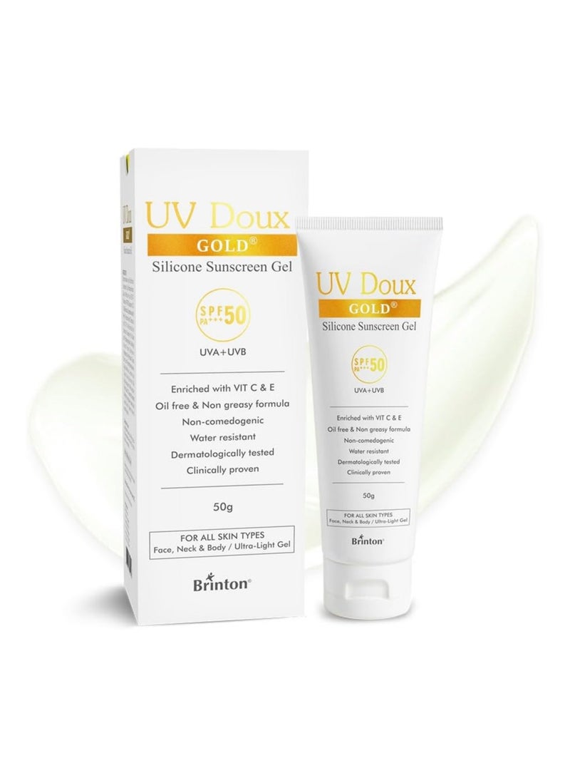 Brinton UV Doux Gold Silicone Sunscreen Gel SPF 50 PA+++ | Enriched with Vitamin C & E | UVA/UVB With Broad Spectrum Protection | Anti-Aging & Anti-Oxidant rich Water Resistant Ultra Light Gel for Hyperpigmentation | Benzene Free | 50 g - Image 1