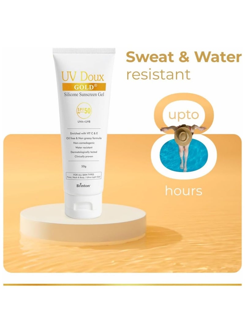 Brinton UV Doux Gold Silicone Sunscreen Gel SPF 50 PA+++ | Enriched with Vitamin C & E | UVA/UVB With Broad Spectrum Protection | Anti-Aging & Anti-Oxidant rich Water Resistant Ultra Light Gel for Hyperpigmentation | Benzene Free | 50 g - Image 4