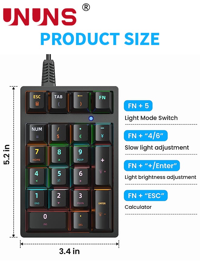 UNUNS - Number Pad,Mechanical USB Wired Numeric Keypad With RGB LED Backlit,21 Keys Numpad,Mini Numpad Portable Mechanical Numeric Keypad For Laptop/Desktop/Computer/PC,Black - Image 1