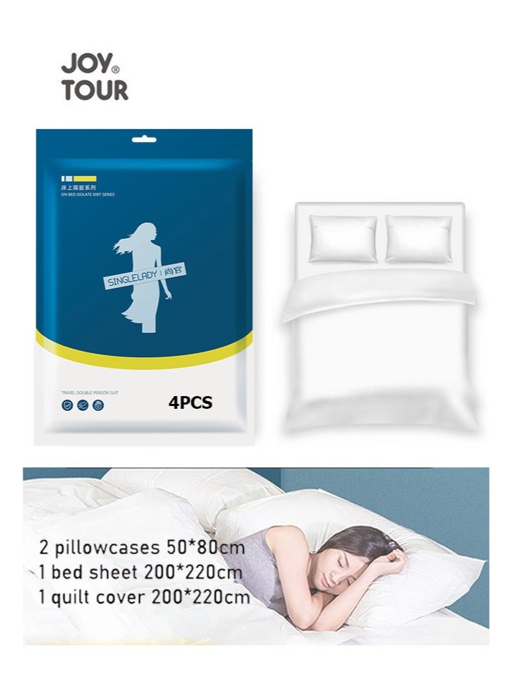 جولة الفرح [مُحسّن] ملاءات سرير للاستخدام مرة واحدة للسفر: هذه الملاءات مثالية للفنادق، وتوفر غطاءً مريحًا لسريرك أثناء سفرك. تتضمن المجموعة غطاء لحاف واحد، وملاءة واحدة، وغطائي وسادة (مقاس كينج، 4 قطع). - Image 1
