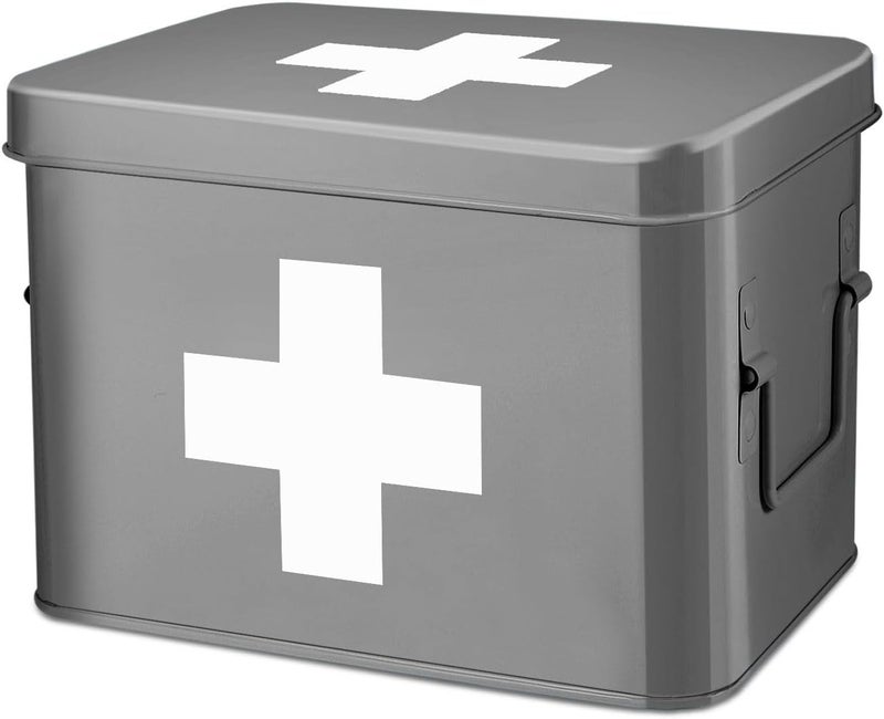 Flexzion First Aid Box Organizer, Empty 8.5 Inch Gray Vintage First Aid Kit Tin Metal Medical Box First Aid Storage Box Container Bins with Dividers, Removable Tray and Cross Logo