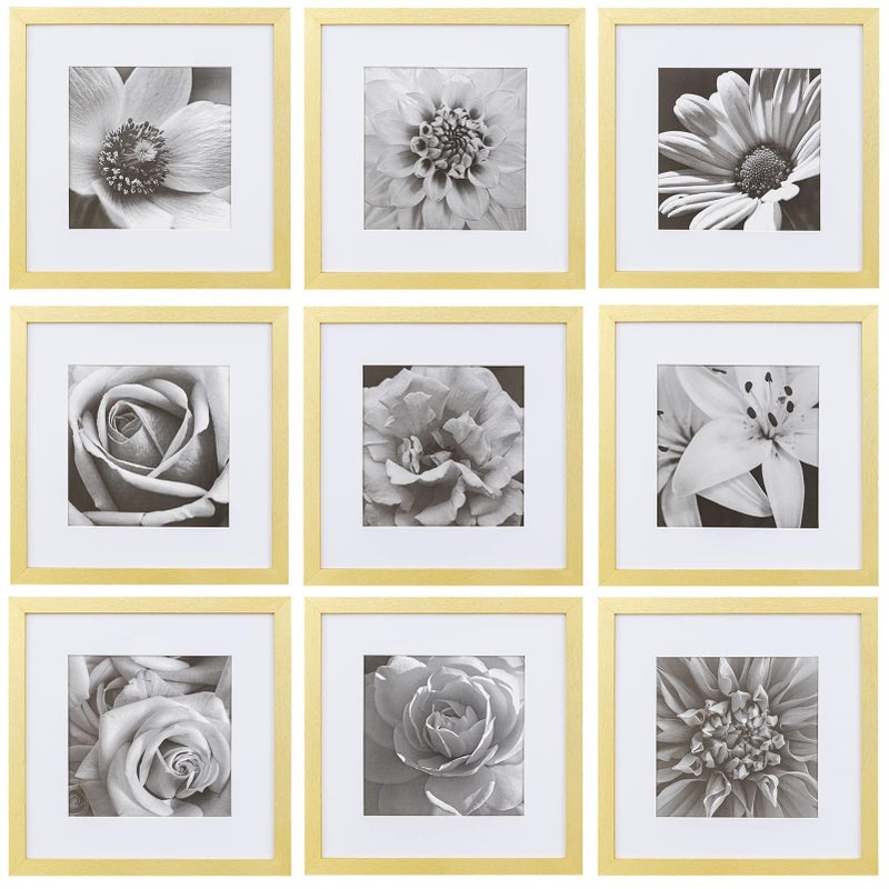 eletecpro 12x12 Picture Frames Set of 9 with Clear Acrylic Cover, Display 8x8 Photos with Mat or 12x12 Without, Classic and Sturdy Square Collage Gallery Wall Decor, Easy Wall Mount, Gold - Image 1