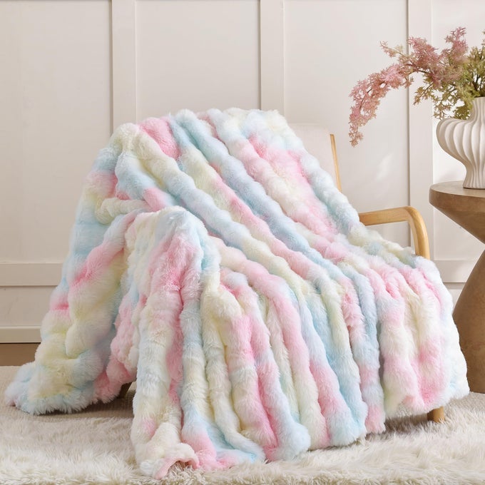 FAUX FUR THROW BLANKET FOR COUCH RAINBOW FLUFFY COZY RABBIT FLEECE PLUSH SOFT BUBBLE BLANKET FOR SOFA BED FOR MOM WARM FUZZY HOME ROOM DECOR THROW 50 X 60