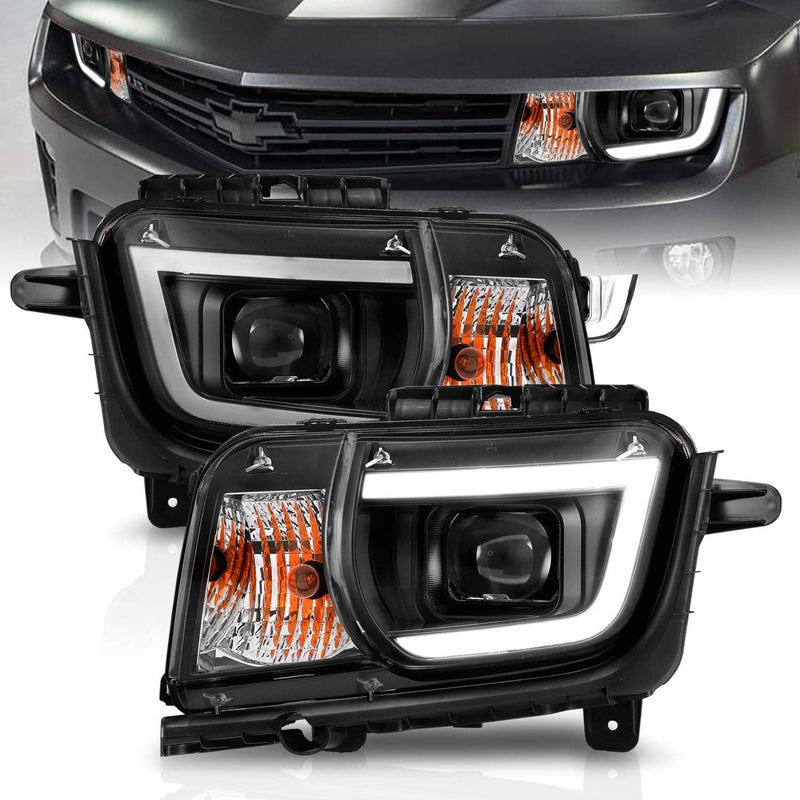 AmeriLite Halogen and LED Square Projector Headlights Pair for 2010-2013 Chevy Camaro - Black - Image 1