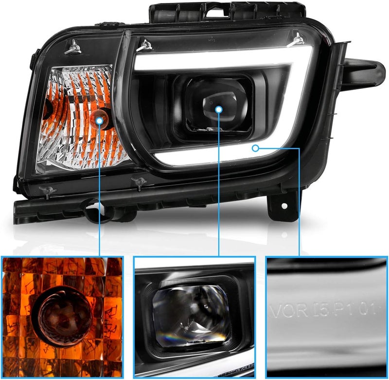 AmeriLite Halogen and LED Square Projector Headlights Pair for 2010-2013 Chevy Camaro - Black - Image 3