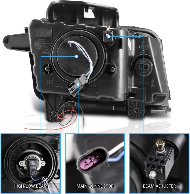 AmeriLite Halogen and LED Square Projector Headlights Pair for 2010-2013 Chevy Camaro - Black - Image 5
