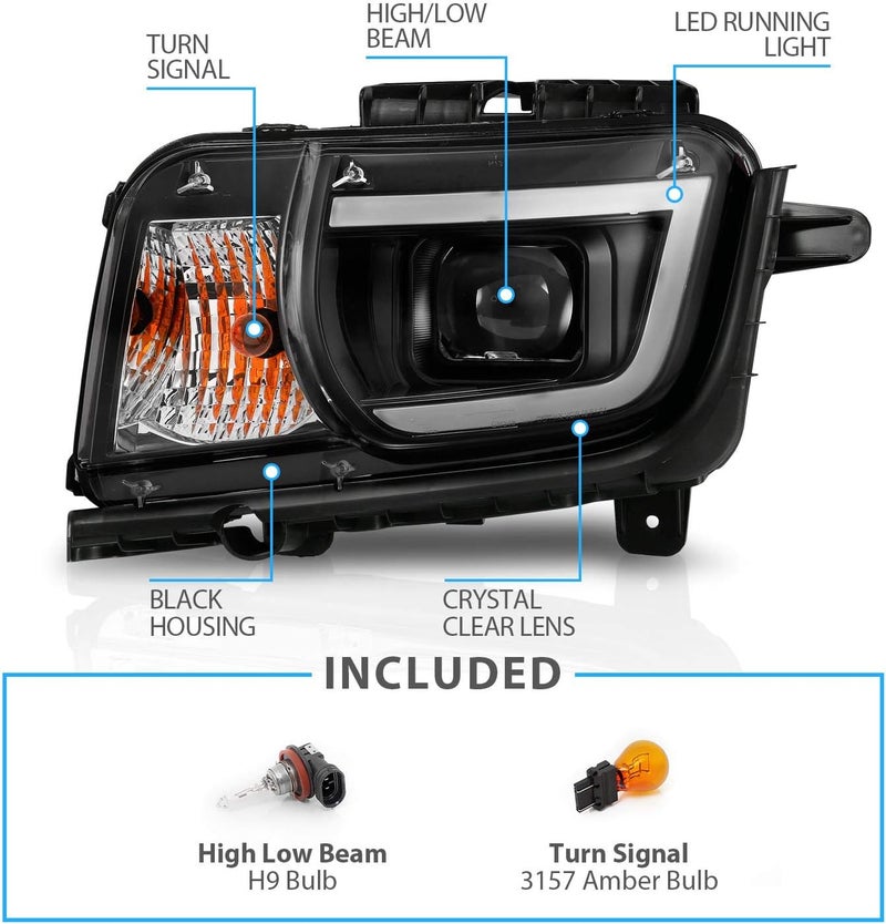 AmeriLite Halogen and LED Square Projector Headlights Pair for 2010-2013 Chevy Camaro - Black - Image 4