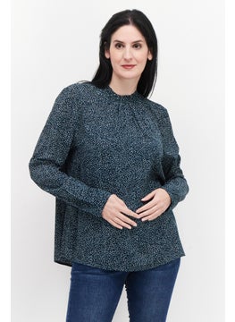Zero Women Crew Neck Long Sleeve Polka Dot Top, Dark Green  - Image 1