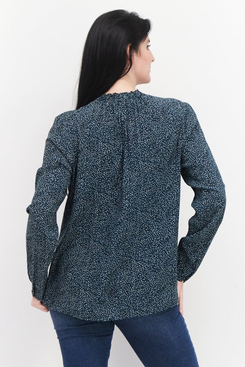 Zero Women Crew Neck Long Sleeve Polka Dot Top, Dark Green - Image 3