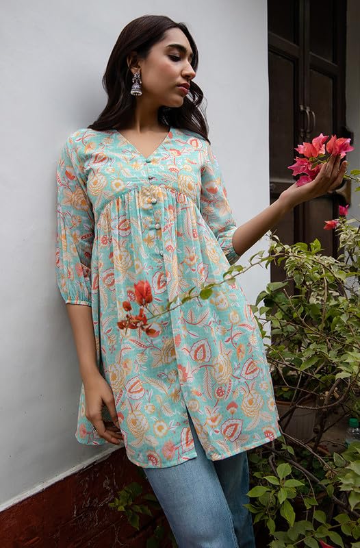 Janasya Women's Sea Blue Georgette Floral Gathered Tunic (JAA24TU00330-XXL) - Image 2