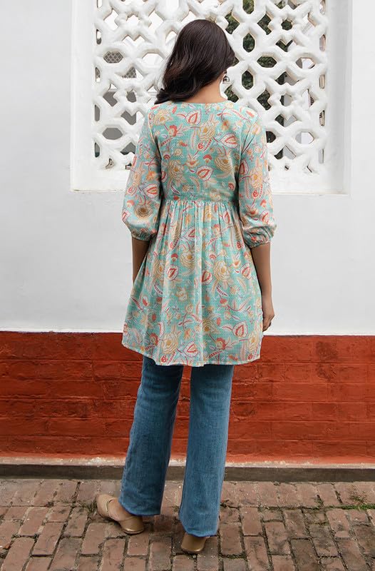 Janasya Women's Sea Blue Georgette Floral Gathered Tunic (JAA24TU00330-XXL) - Image 4