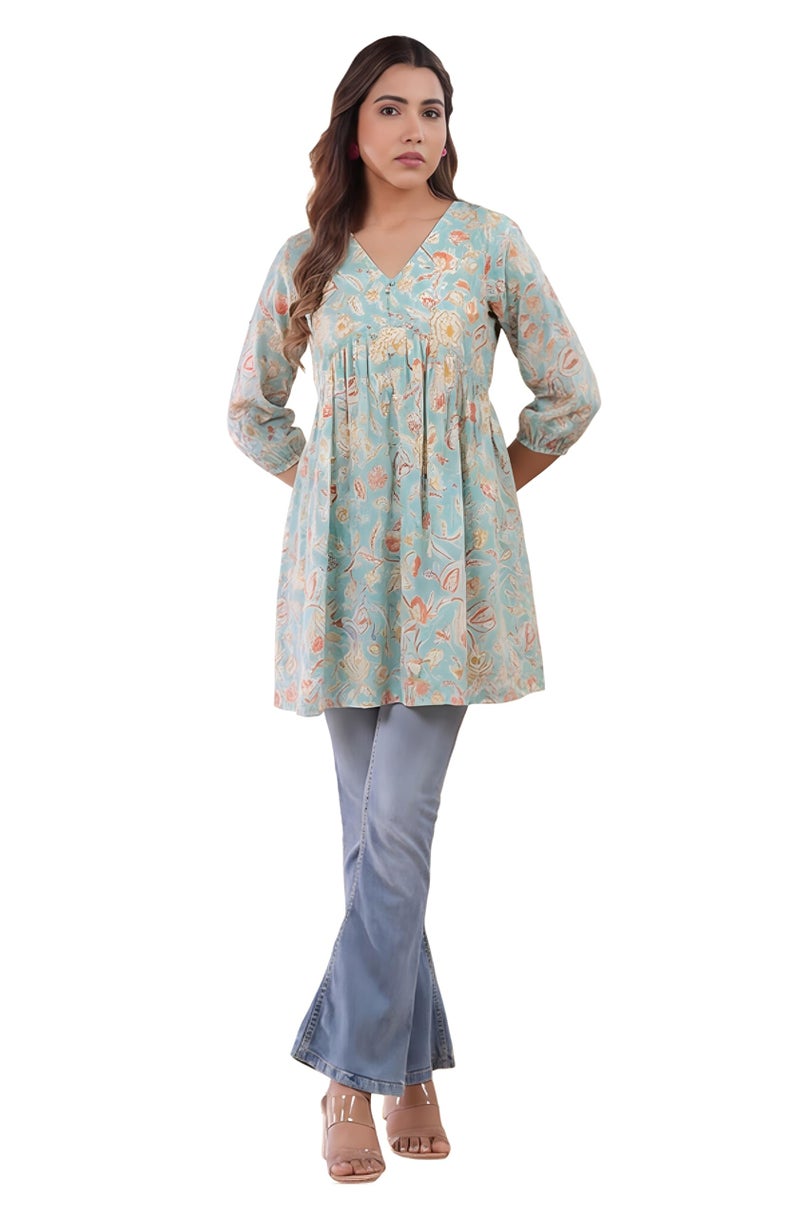 Janasya Women's Sea Blue Georgette Floral Gathered Tunic (JAA24TU00330-XXL) - Image 1